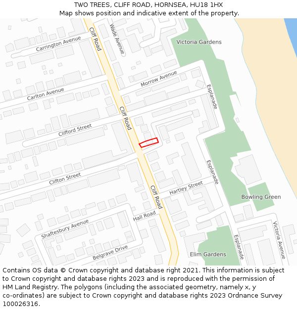 TWO TREES, CLIFF ROAD, HORNSEA, HU18 1HX: Location map and indicative extent of plot