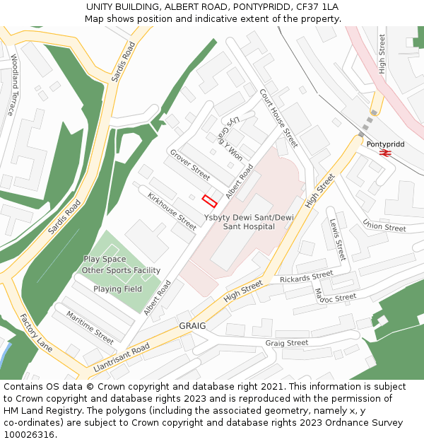 UNITY BUILDING, ALBERT ROAD, PONTYPRIDD, CF37 1LA: Location map and indicative extent of plot