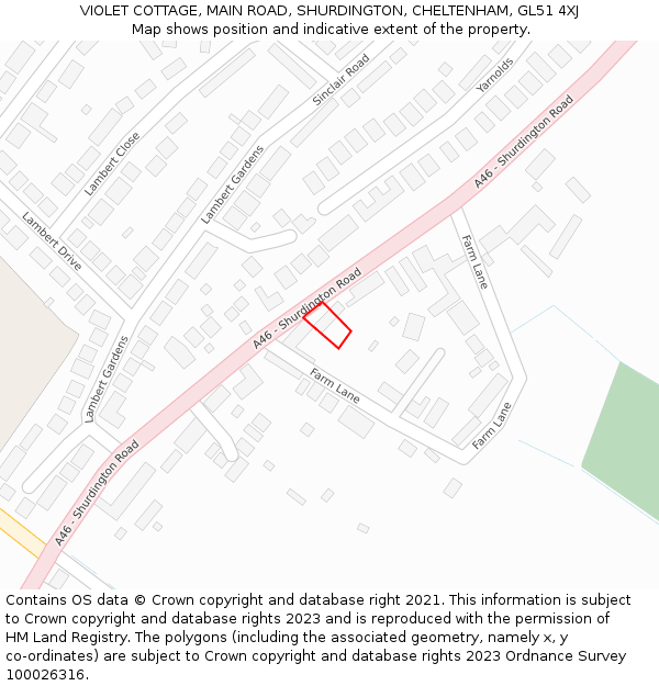 VIOLET COTTAGE, MAIN ROAD, SHURDINGTON, CHELTENHAM, GL51 4XJ: Location map and indicative extent of plot