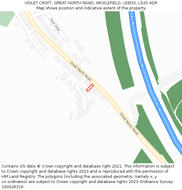 VIOLET CROFT, GREAT NORTH ROAD, MICKLEFIELD, LEEDS, LS25 4DR: Location map and indicative extent of plot