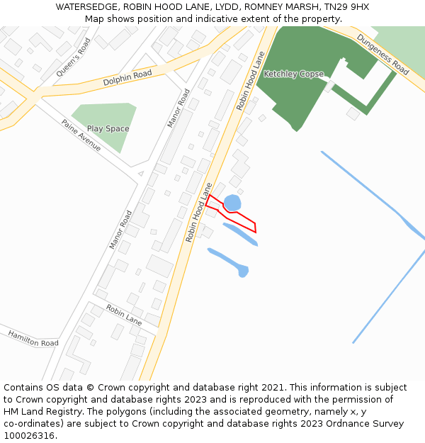 WATERSEDGE, ROBIN HOOD LANE, LYDD, ROMNEY MARSH, TN29 9HX: Location map and indicative extent of plot