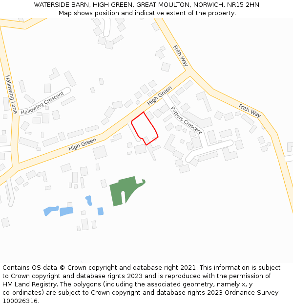 WATERSIDE BARN, HIGH GREEN, GREAT MOULTON, NORWICH, NR15 2HN: Location map and indicative extent of plot