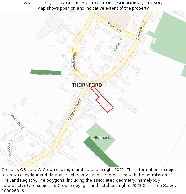 WATT HOUSE, LONGFORD ROAD, THORNFORD, SHERBORNE, DT9 6QQ: Location map and indicative extent of plot