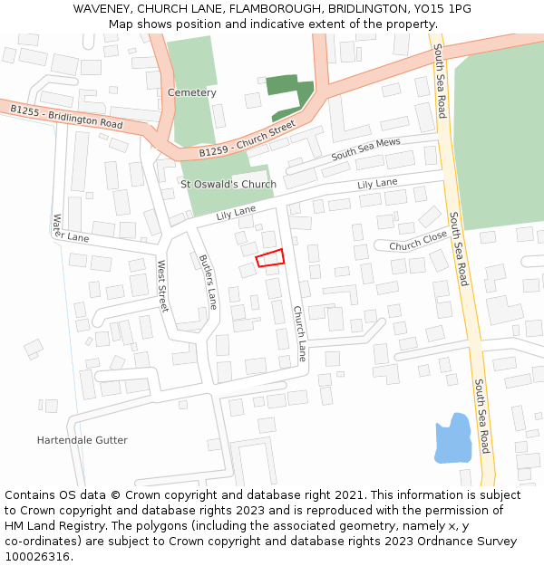 WAVENEY, CHURCH LANE, FLAMBOROUGH, BRIDLINGTON, YO15 1PG: Location map and indicative extent of plot