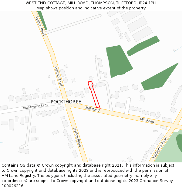 WEST END COTTAGE, MILL ROAD, THOMPSON, THETFORD, IP24 1PH: Location map and indicative extent of plot