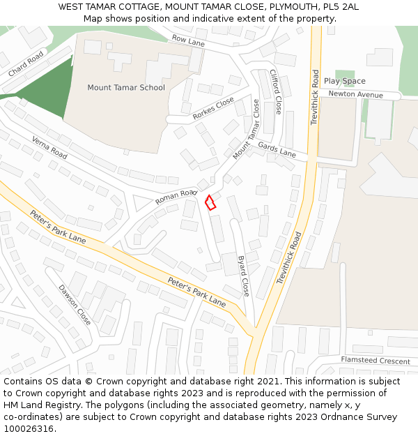 WEST TAMAR COTTAGE, MOUNT TAMAR CLOSE, PLYMOUTH, PL5 2AL: Location map and indicative extent of plot