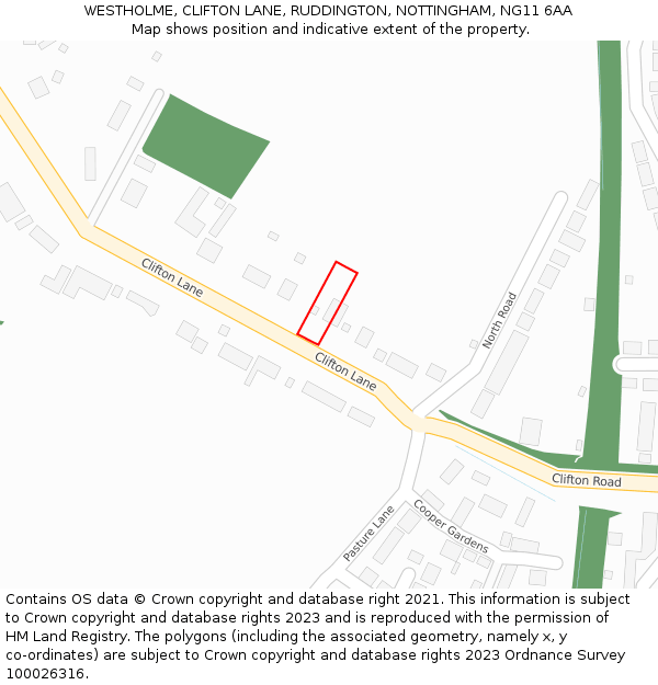 WESTHOLME, CLIFTON LANE, RUDDINGTON, NOTTINGHAM, NG11 6AA: Location map and indicative extent of plot