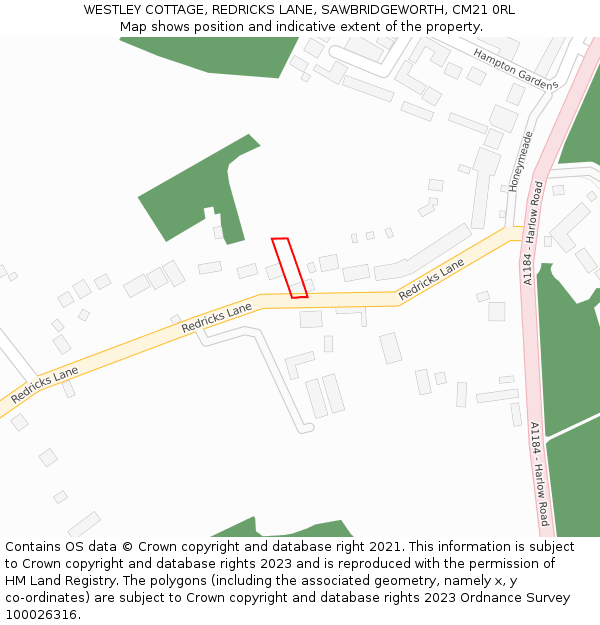 WESTLEY COTTAGE, REDRICKS LANE, SAWBRIDGEWORTH, CM21 0RL: Location map and indicative extent of plot