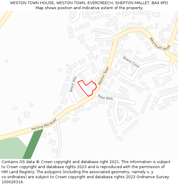 WESTON TOWN HOUSE, WESTON TOWN, EVERCREECH, SHEPTON MALLET, BA4 6PD: Location map and indicative extent of plot