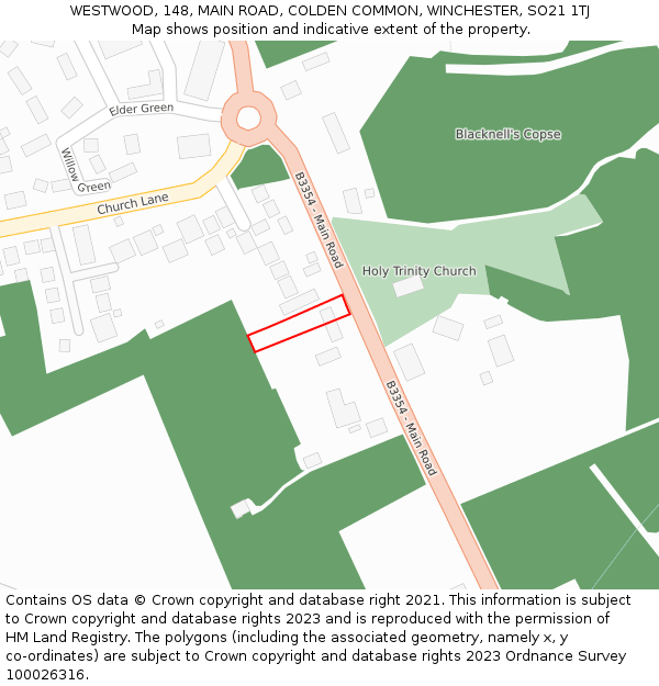 WESTWOOD, 148, MAIN ROAD, COLDEN COMMON, WINCHESTER, SO21 1TJ: Location map and indicative extent of plot