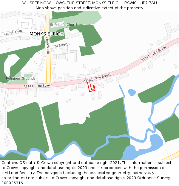 WHISPERING WILLOWS, THE STREET, MONKS ELEIGH, IPSWICH, IP7 7AU: Location map and indicative extent of plot