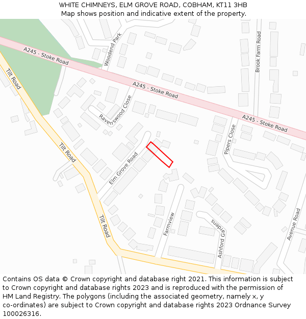 WHITE CHIMNEYS, ELM GROVE ROAD, COBHAM, KT11 3HB: Location map and indicative extent of plot