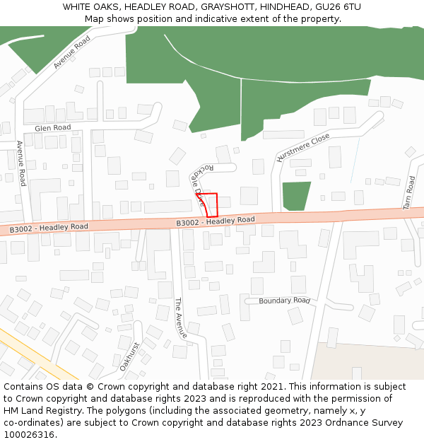 WHITE OAKS, HEADLEY ROAD, GRAYSHOTT, HINDHEAD, GU26 6TU: Location map and indicative extent of plot