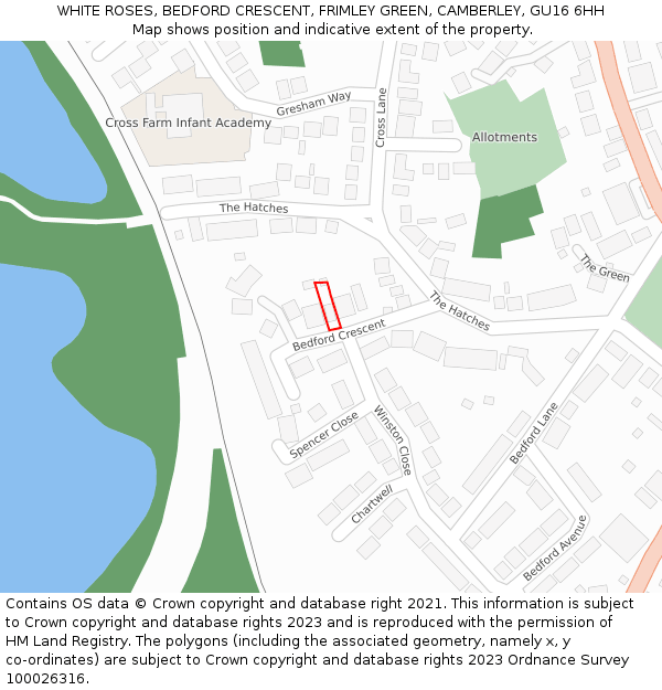 WHITE ROSES, BEDFORD CRESCENT, FRIMLEY GREEN, CAMBERLEY, GU16 6HH: Location map and indicative extent of plot