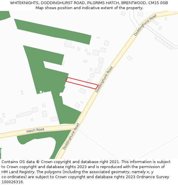 WHITEKNIGHTS, DODDINGHURST ROAD, PILGRIMS HATCH, BRENTWOOD, CM15 0SB: Location map and indicative extent of plot