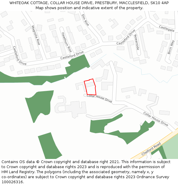 WHITEOAK COTTAGE, COLLAR HOUSE DRIVE, PRESTBURY, MACCLESFIELD, SK10 4AP: Location map and indicative extent of plot