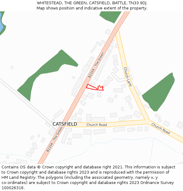 WHITESTEAD, THE GREEN, CATSFIELD, BATTLE, TN33 9DJ: Location map and indicative extent of plot