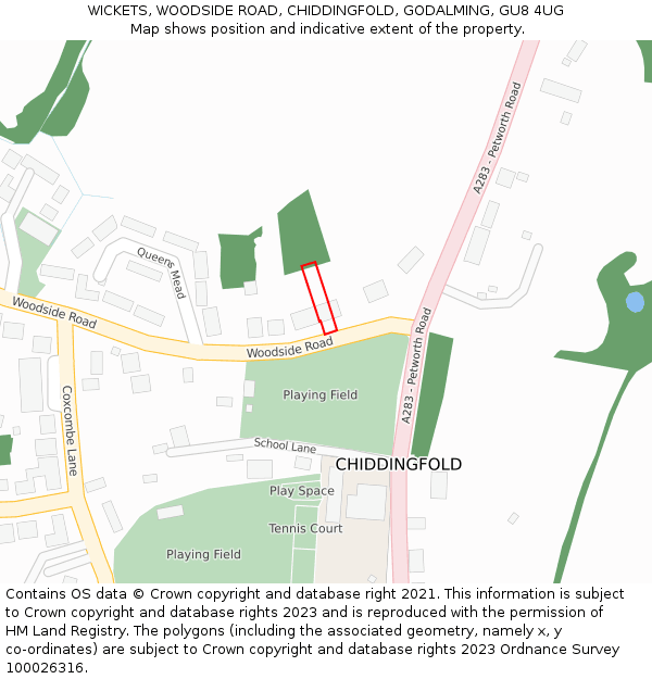 WICKETS, WOODSIDE ROAD, CHIDDINGFOLD, GODALMING, GU8 4UG: Location map and indicative extent of plot