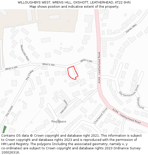 WILLOUGHBYS WEST, WRENS HILL, OXSHOTT, LEATHERHEAD, KT22 0HN: Location map and indicative extent of plot