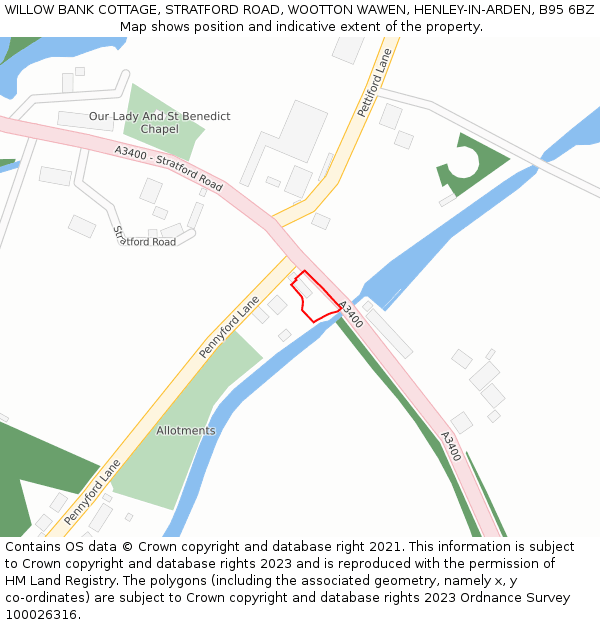 WILLOW BANK COTTAGE, STRATFORD ROAD, WOOTTON WAWEN, HENLEY-IN-ARDEN, B95 6BZ: Location map and indicative extent of plot