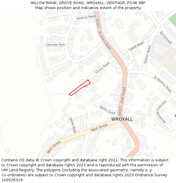 WILLOW BANK, GROVE ROAD, WROXALL, VENTNOR, PO38 3BP: Location map and indicative extent of plot