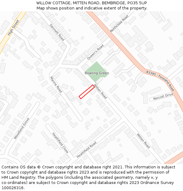 WILLOW COTTAGE, MITTEN ROAD, BEMBRIDGE, PO35 5UP: Location map and indicative extent of plot