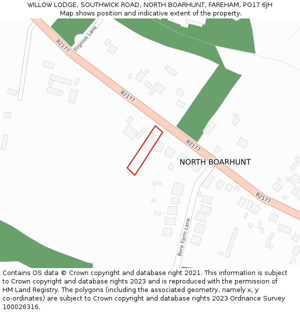 WILLOW LODGE, SOUTHWICK ROAD, NORTH BOARHUNT, FAREHAM, PO17 6JH: Location map and indicative extent of plot