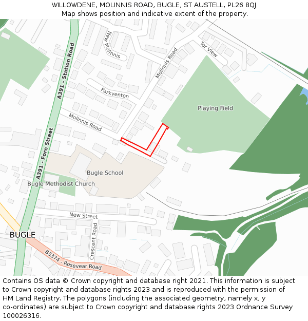 WILLOWDENE, MOLINNIS ROAD, BUGLE, ST AUSTELL, PL26 8QJ: Location map and indicative extent of plot