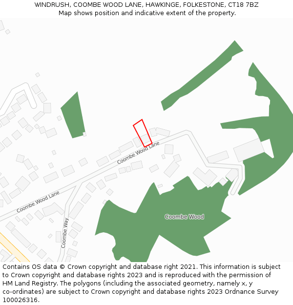 WINDRUSH, COOMBE WOOD LANE, HAWKINGE, FOLKESTONE, CT18 7BZ: Location map and indicative extent of plot
