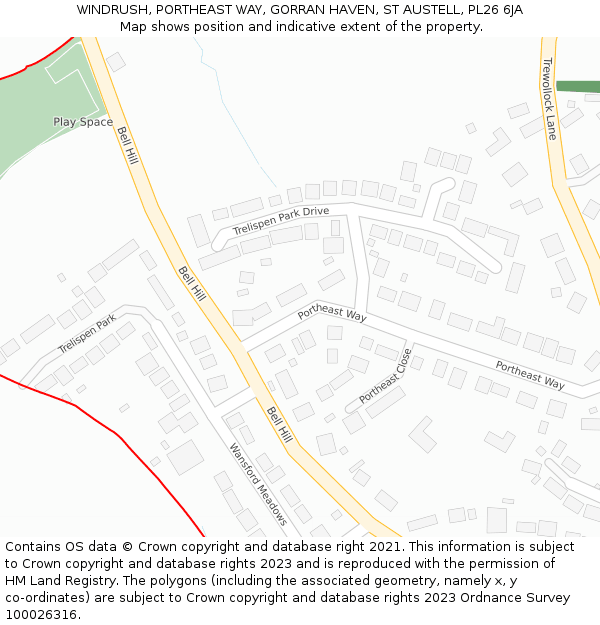WINDRUSH, PORTHEAST WAY, GORRAN HAVEN, ST AUSTELL, PL26 6JA: Location map and indicative extent of plot