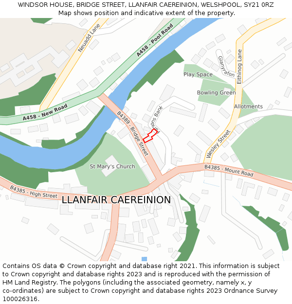 WINDSOR HOUSE, BRIDGE STREET, LLANFAIR CAEREINION, WELSHPOOL, SY21 0RZ: Location map and indicative extent of plot