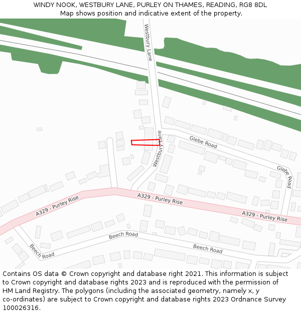 WINDY NOOK, WESTBURY LANE, PURLEY ON THAMES, READING, RG8 8DL: Location map and indicative extent of plot