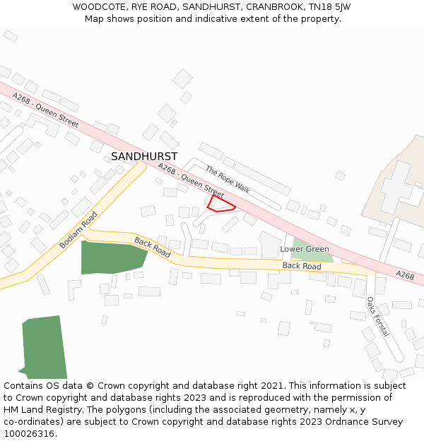 WOODCOTE, RYE ROAD, SANDHURST, CRANBROOK, TN18 5JW: Location map and indicative extent of plot