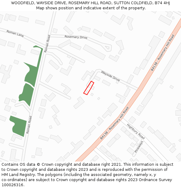 WOODFIELD, WAYSIDE DRIVE, ROSEMARY HILL ROAD, SUTTON COLDFIELD, B74 4HJ: Location map and indicative extent of plot