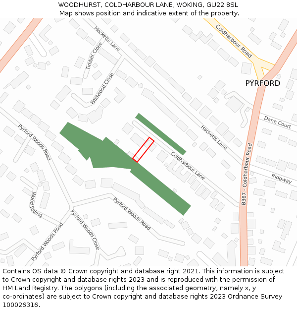 WOODHURST, COLDHARBOUR LANE, WOKING, GU22 8SL: Location map and indicative extent of plot