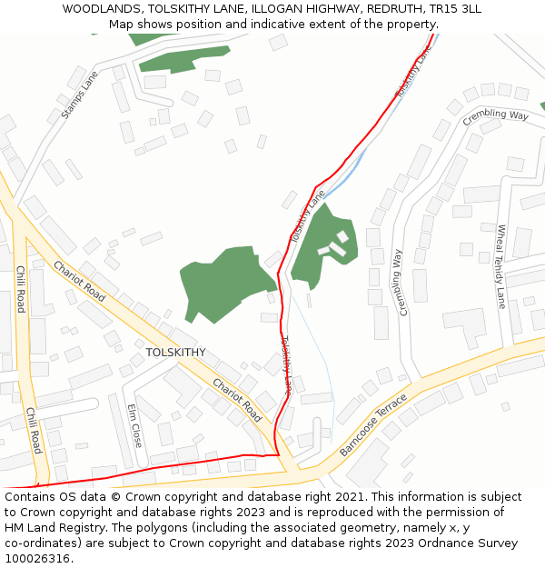 WOODLANDS, TOLSKITHY LANE, ILLOGAN HIGHWAY, REDRUTH, TR15 3LL: Location map and indicative extent of plot