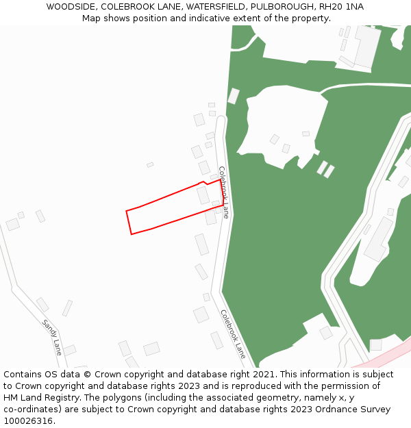 WOODSIDE, COLEBROOK LANE, WATERSFIELD, PULBOROUGH, RH20 1NA: Location map and indicative extent of plot