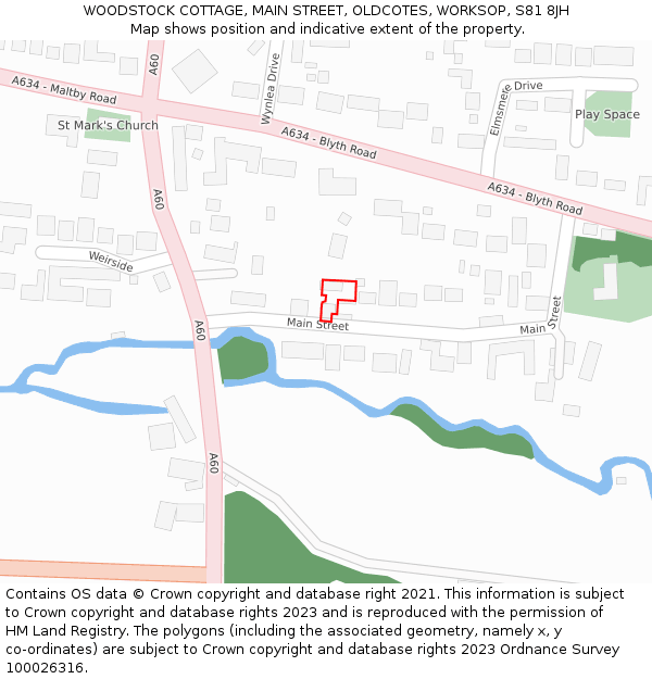 WOODSTOCK COTTAGE, MAIN STREET, OLDCOTES, WORKSOP, S81 8JH: Location map and indicative extent of plot