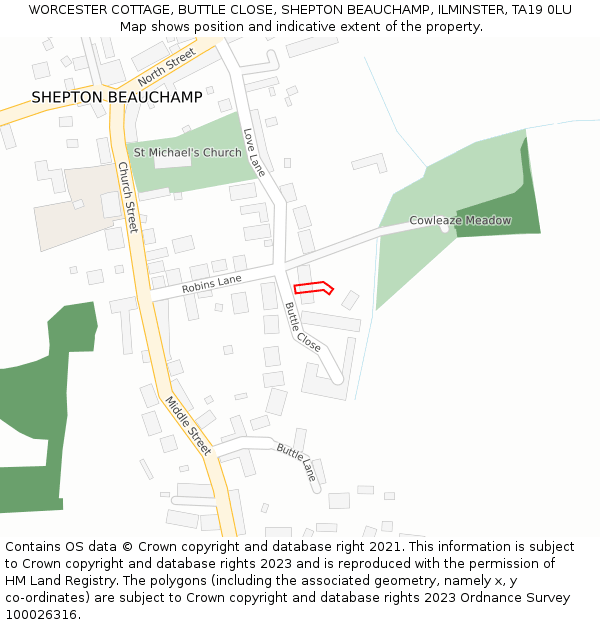 WORCESTER COTTAGE, BUTTLE CLOSE, SHEPTON BEAUCHAMP, ILMINSTER, TA19 0LU: Location map and indicative extent of plot