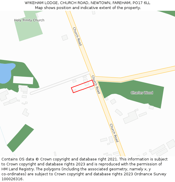 WYKEHAM LODGE, CHURCH ROAD, NEWTOWN, FAREHAM, PO17 6LL: Location map and indicative extent of plot