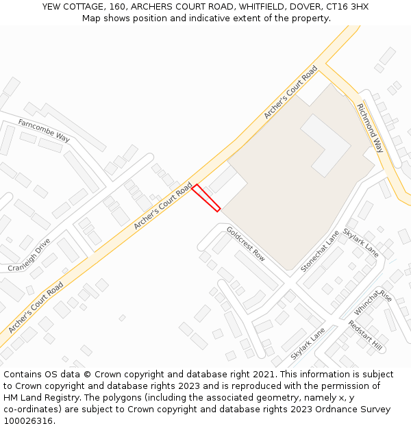 YEW COTTAGE, 160, ARCHERS COURT ROAD, WHITFIELD, DOVER, CT16 3HX: Location map and indicative extent of plot