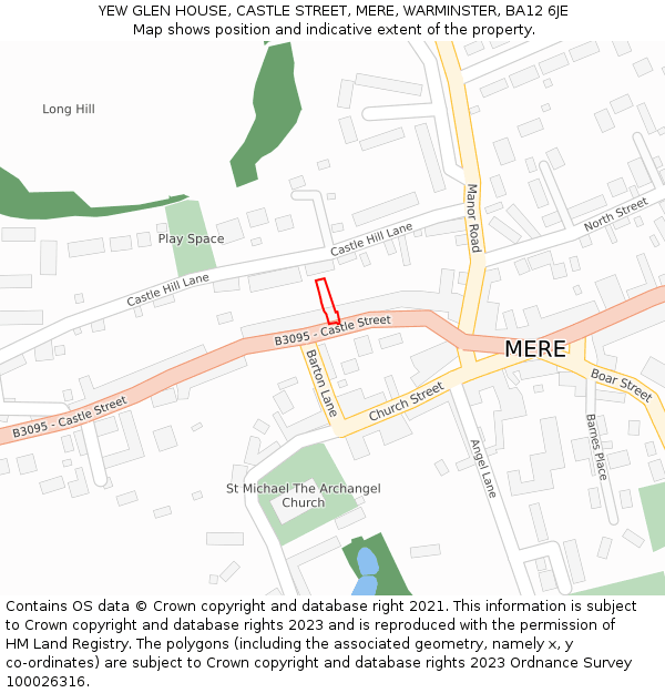 YEW GLEN HOUSE, CASTLE STREET, MERE, WARMINSTER, BA12 6JE: Location map and indicative extent of plot