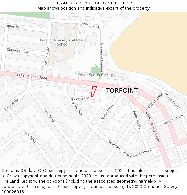 1, ANTONY ROAD, TORPOINT, PL11 2JP: Location map and indicative extent of plot