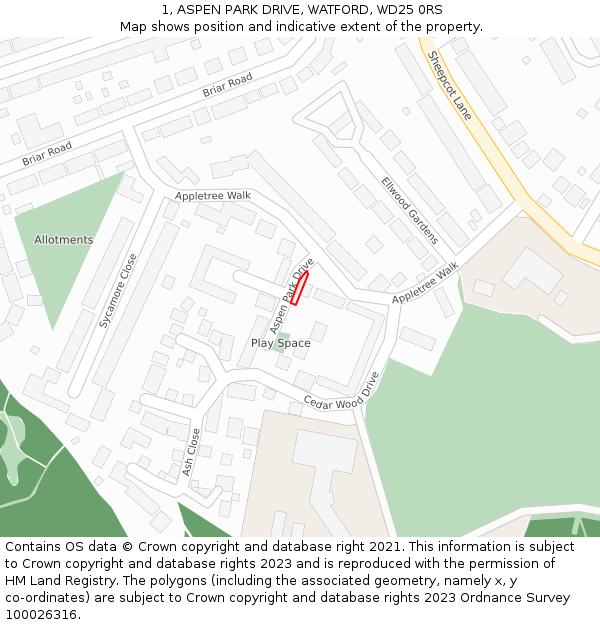 1, ASPEN PARK DRIVE, WATFORD, WD25 0RS: Location map and indicative extent of plot
