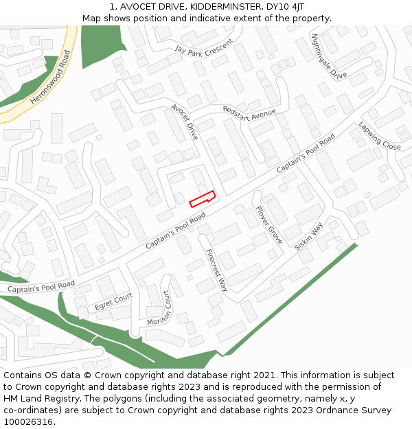1, AVOCET DRIVE, KIDDERMINSTER, DY10 4JT: Location map and indicative extent of plot