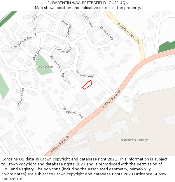 1, BARENTIN WAY, PETERSFIELD, GU31 4QN: Location map and indicative extent of plot