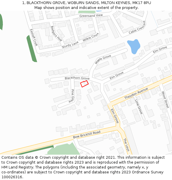 1, BLACKTHORN GROVE, WOBURN SANDS, MILTON KEYNES, MK17 8PU: Location map and indicative extent of plot