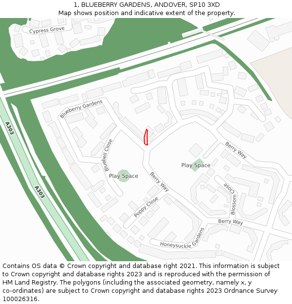 1, BLUEBERRY GARDENS, ANDOVER, SP10 3XD: Location map and indicative extent of plot