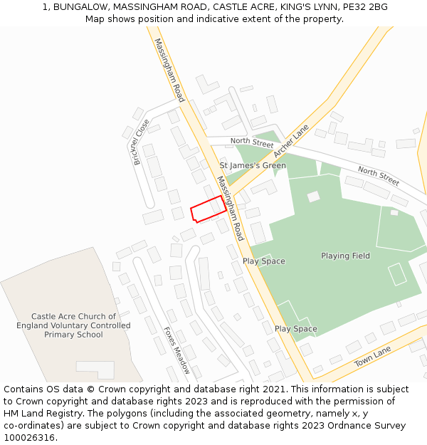1, BUNGALOW, MASSINGHAM ROAD, CASTLE ACRE, KING'S LYNN, PE32 2BG: Location map and indicative extent of plot