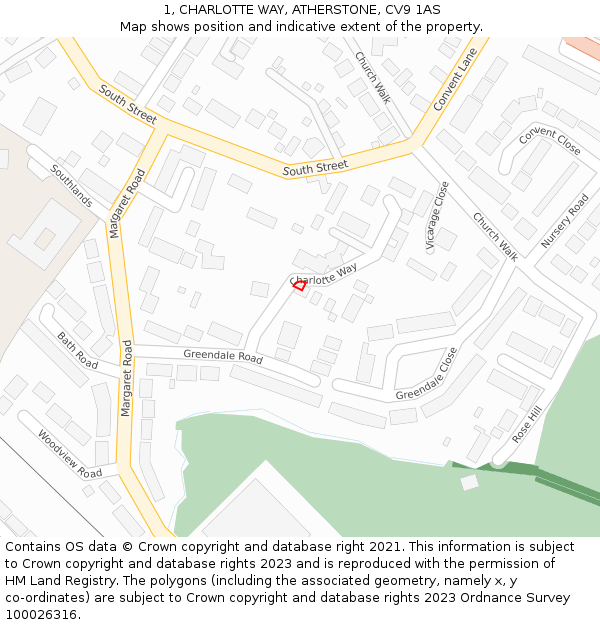 1, CHARLOTTE WAY, ATHERSTONE, CV9 1AS: Location map and indicative extent of plot